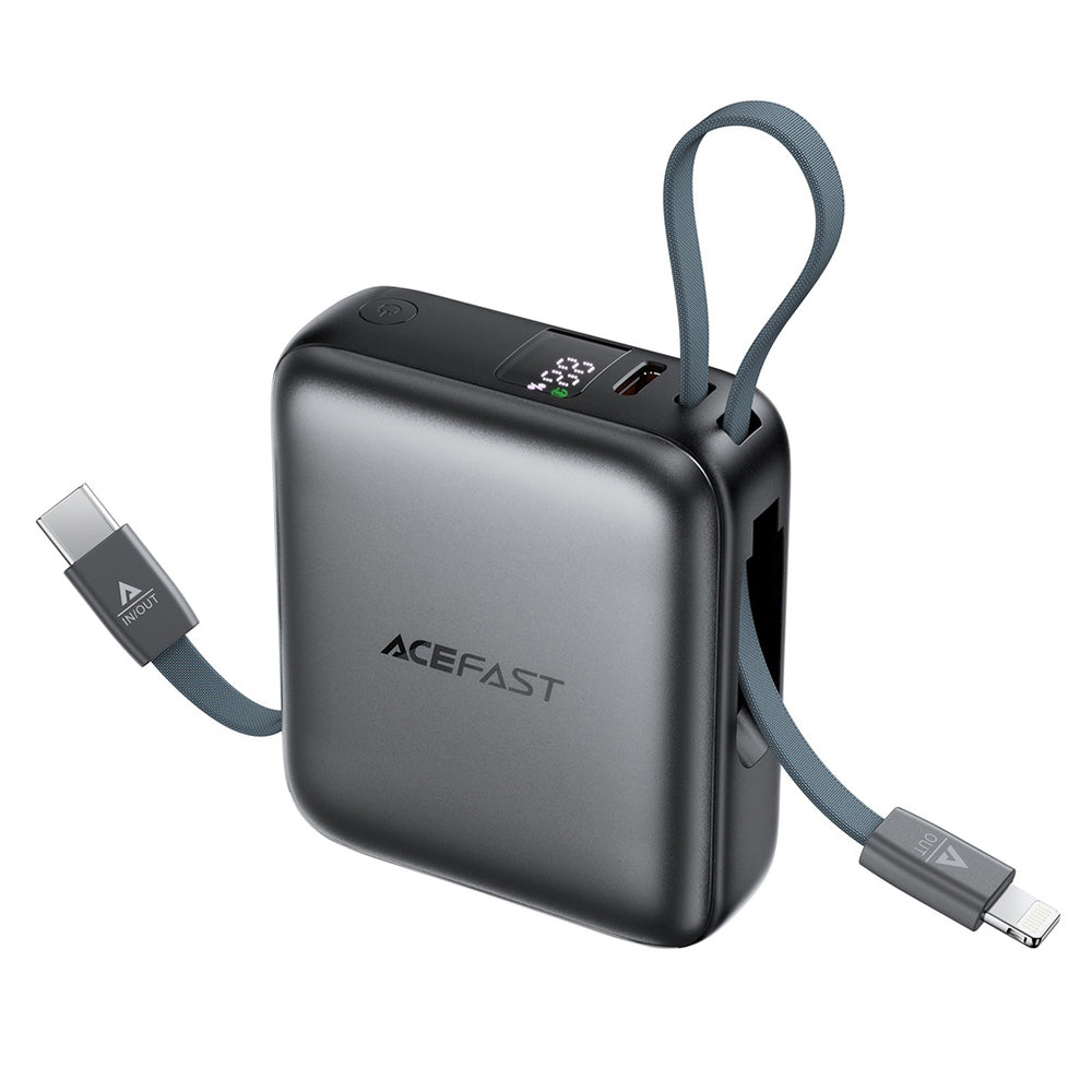 Acefast - Power Bank (M23-10000) - with 2x Built-in Cables, USB-C Port, 10000mAh, 22.5W, Two-Way Fast Charging, LED - Gray