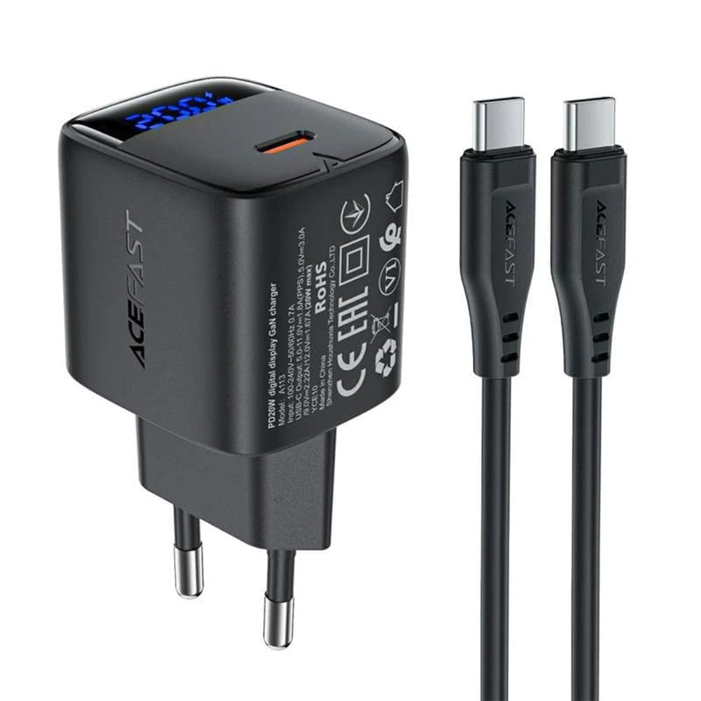 Acefast - Wall Charger (A113) - with Digital Display, Fast Charging, GaN, USB-C, PD20W, with Type-C Cable, 1m - Black