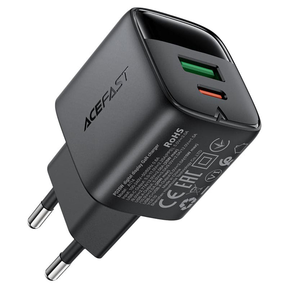 Acefast - Wall Charger (A114) - with Digital Display, Fast Charging, GaN, USB, Type-C, PD25W, 5V/3A - Black