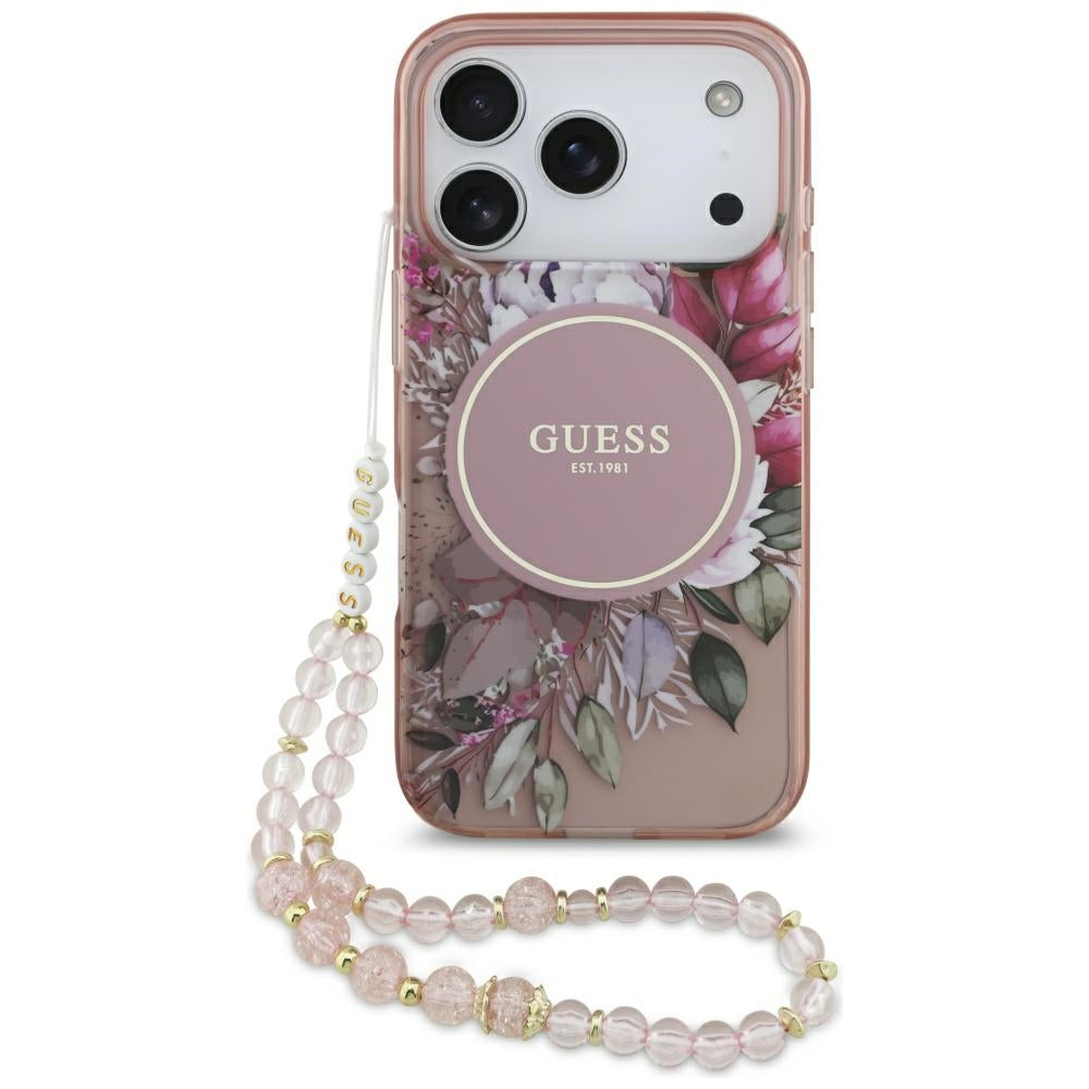 Guess - IML Flowers with Pearl Strap MagSafe (GUHMP17LHFWBRCESP) - iPhone 17 Pro - Pink