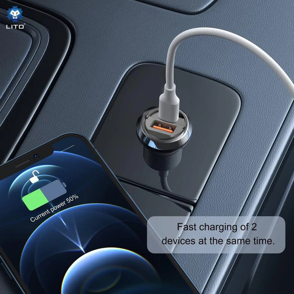 Lito - Car Charger (IN-C03) - 1x USB, 1x Type-C, 30W, Fast Charging, Ultra-Mini & Sleek Design, Universal - Black