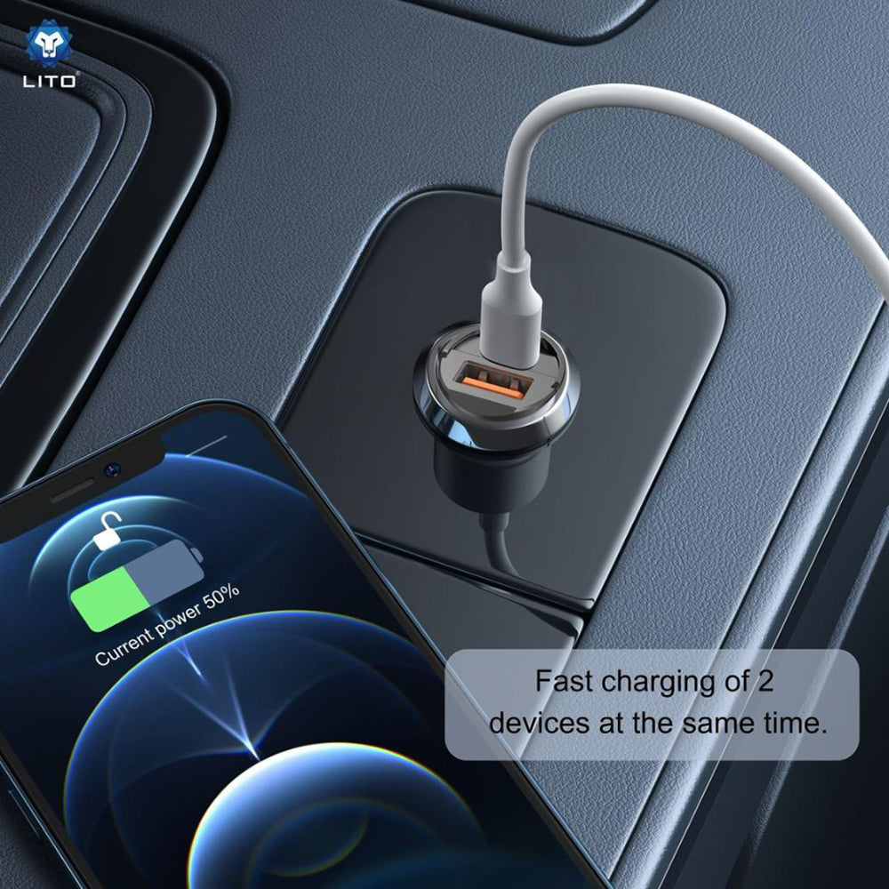 Lito - Car Charger (IN-C03) - 1x USB, 1x Type-C, 30W, Fast Charging, Ultra-Mini & Sleek Design, Universal - Gunmetal