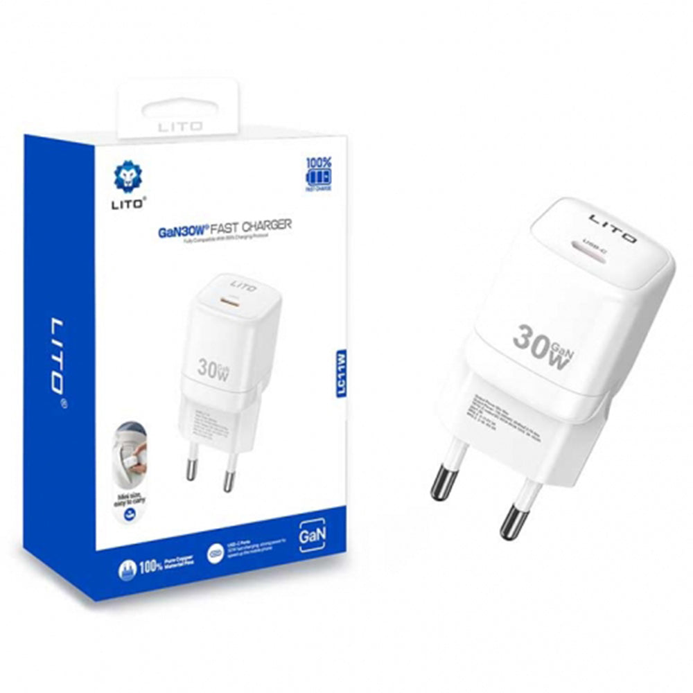 Lito - Wall Charger (LC11) - Type-C Output, PD30W, GaN, Real Time Protection, EU Plug - White