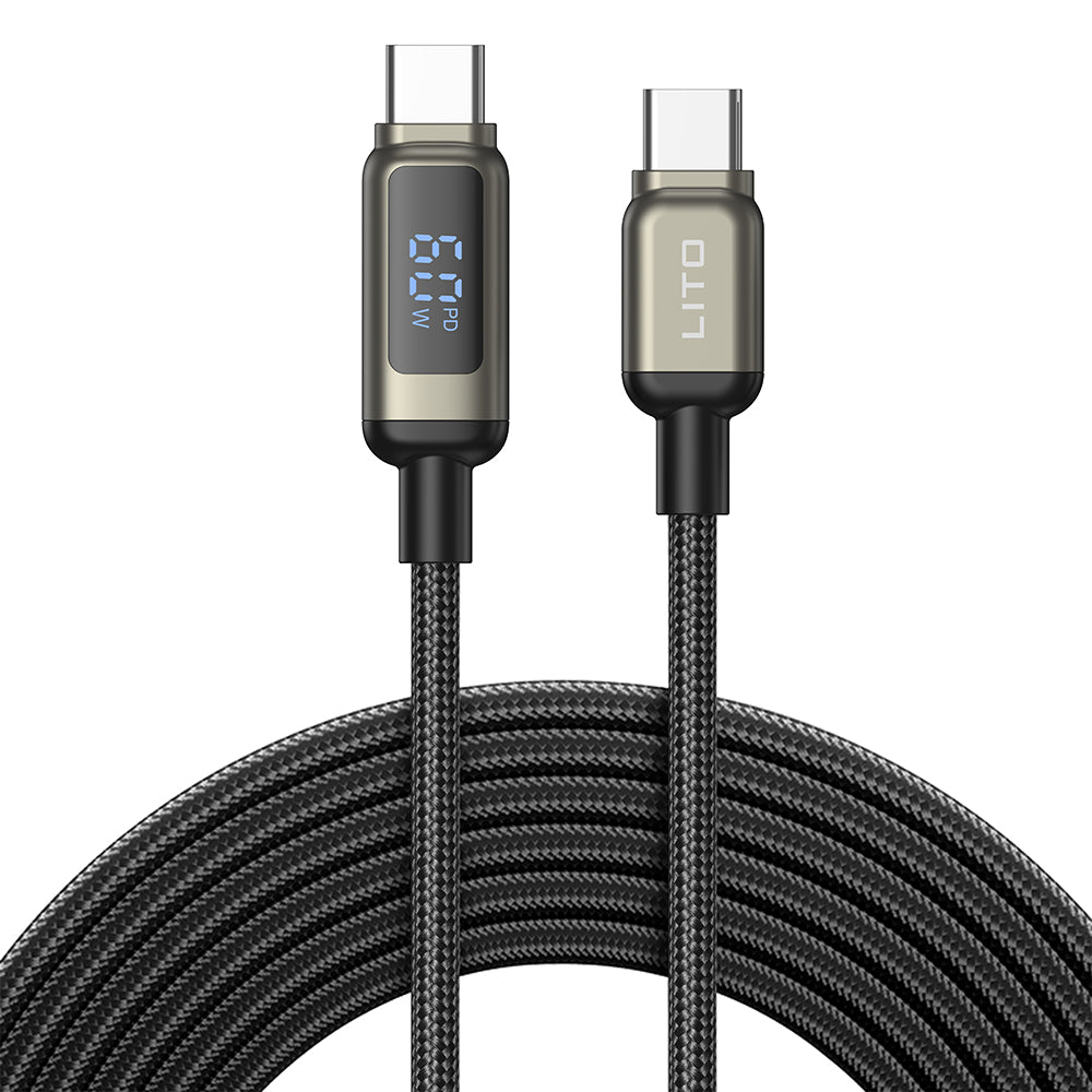 Lito - Data Cable (LD15) - Type-C to Type-C, Fast Charging, Braided Nylon, 60W, LED Display - Black