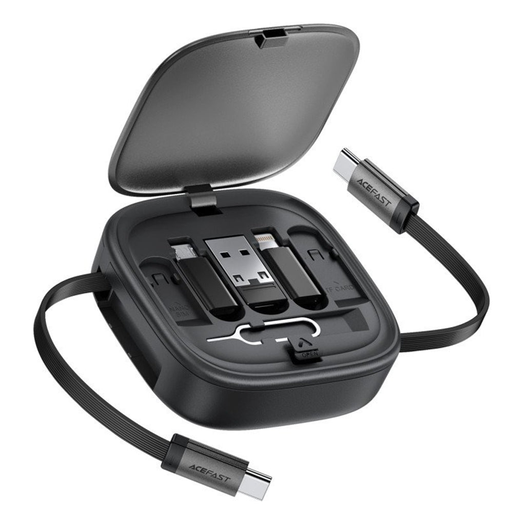 Acefast - Data Cable (J3) - Travel Set with Retractable Cable 2x USB-C, USB, Lightning, Micro-USB, TF, 60W, 3A, 0.95m - Black