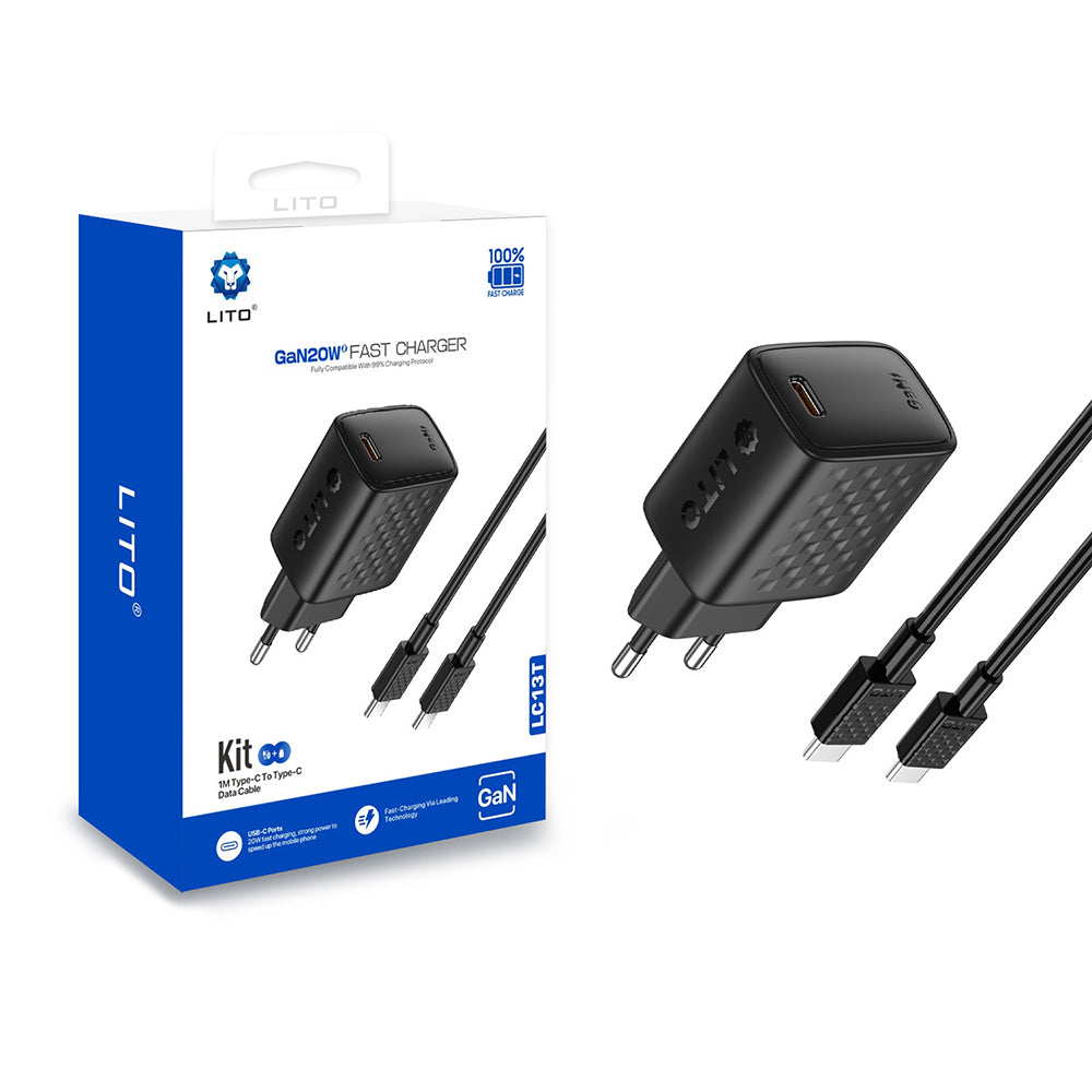 Lito - Wall Charger (LC13T) - with Type-C Cable Included, Type-C, PD20W, GaN, PC Fireproof, EU Plug - Black