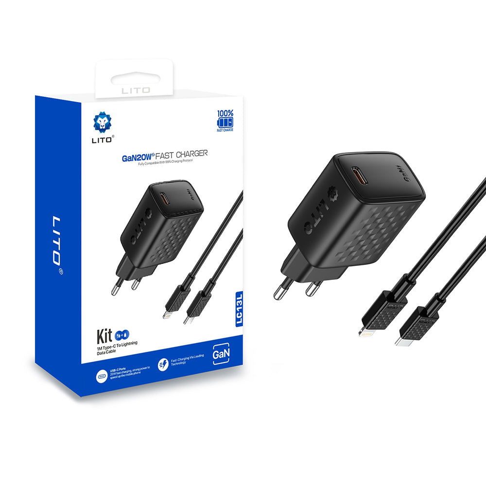Lito - Wall Charger (LC13L) - with Lightning Cable Included, Type-C, PD20W, GaN, PC Fireproof, EU Plug - Black