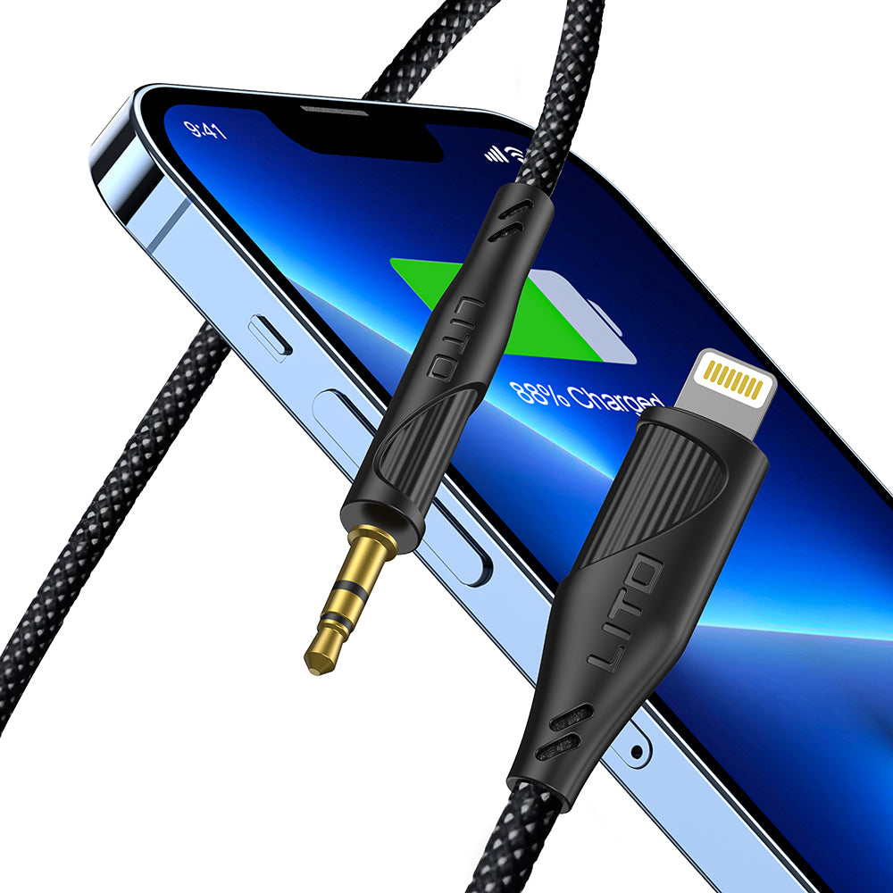 Lito - Audio Cable Adapter (LA02) - Lightning to Jack 3.5mm, Zero Signal Loss, Nylon-braided, 1m - Black