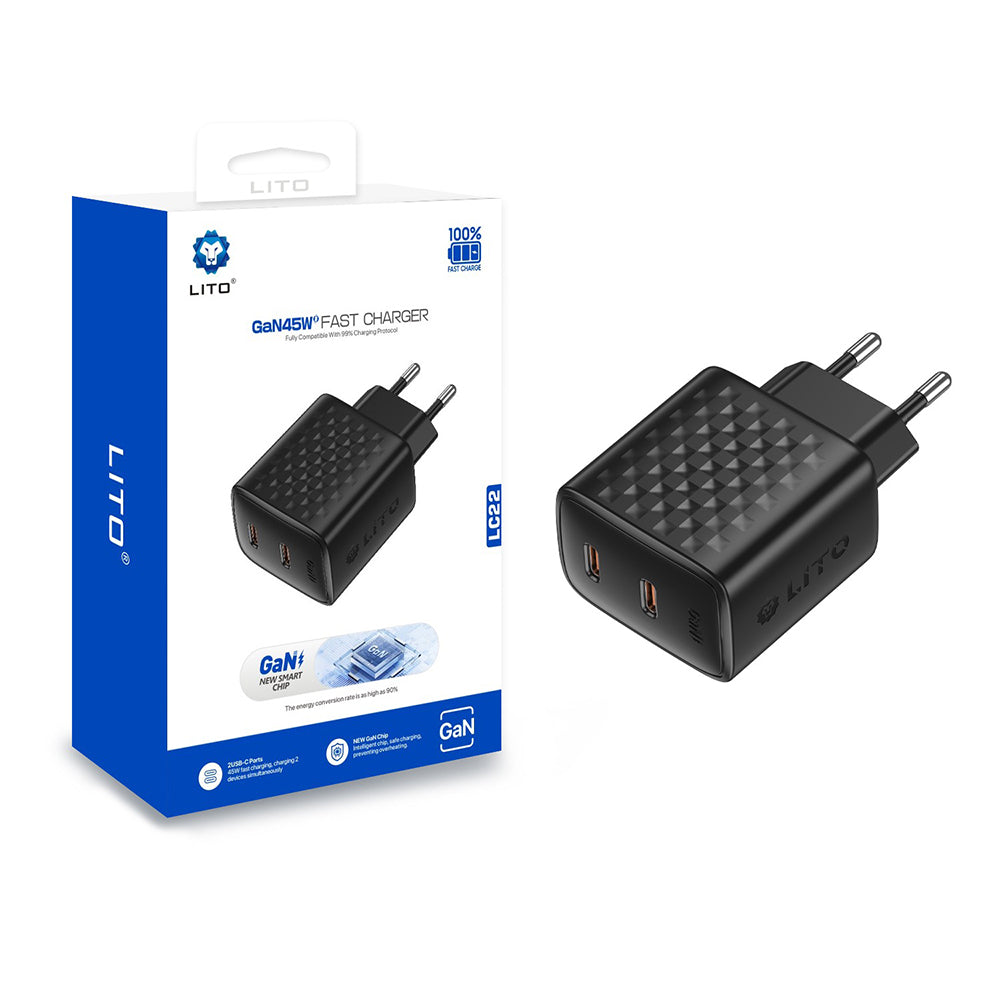 Lito - Wall Charger (LC22) - 2x Type-C Output, PD45W, GaN, PC Fireproof, EU Plug - Black