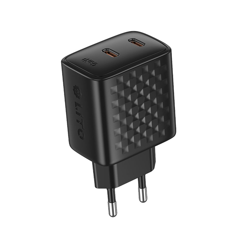 Lito - Wall Charger (LC22) - 2x Type-C Output, PD45W, GaN, PC Fireproof, EU Plug - Black