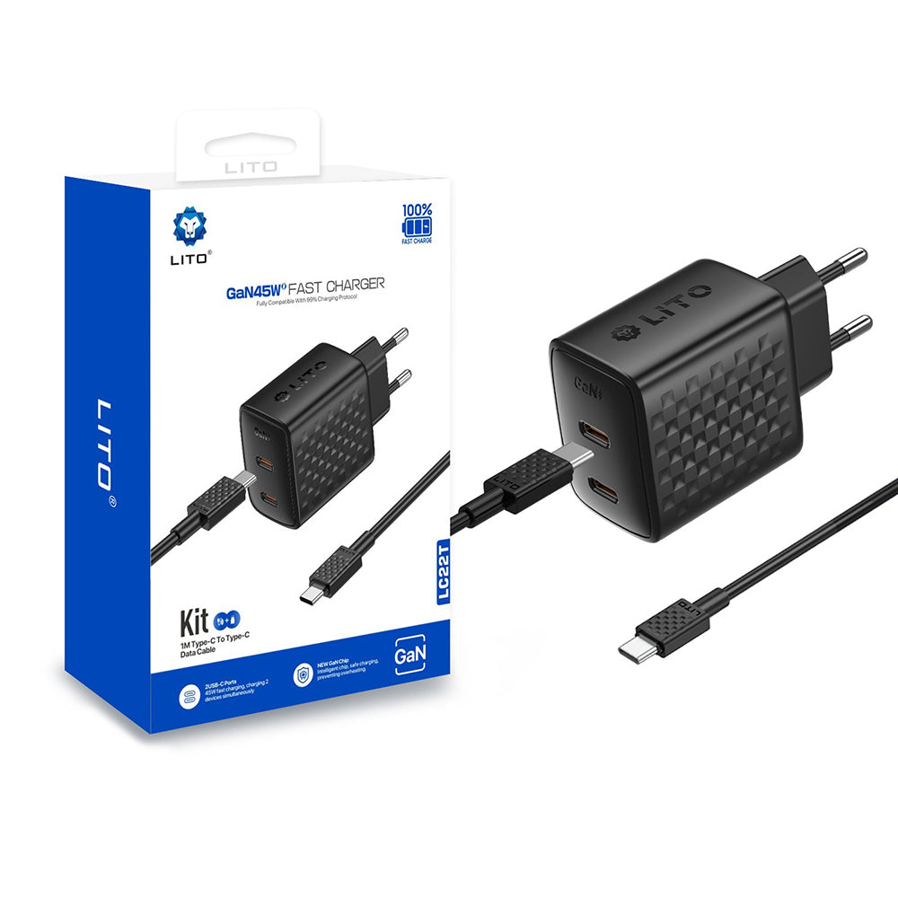 Lito - Wall Charger (LC22T) - with Type-C Cable Included, 2x Type-C Output, PD45W, GaN, PC Fireproof, EU Plug, 1m - Black