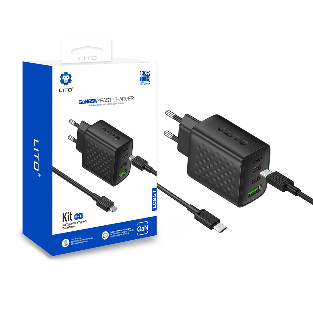 Lito - Wall Charger (LC25T) - with Type-C Cable Included, 2x Type-C, USB Output, PD65W, GaN, PC Fireproof, EU Plug - Black