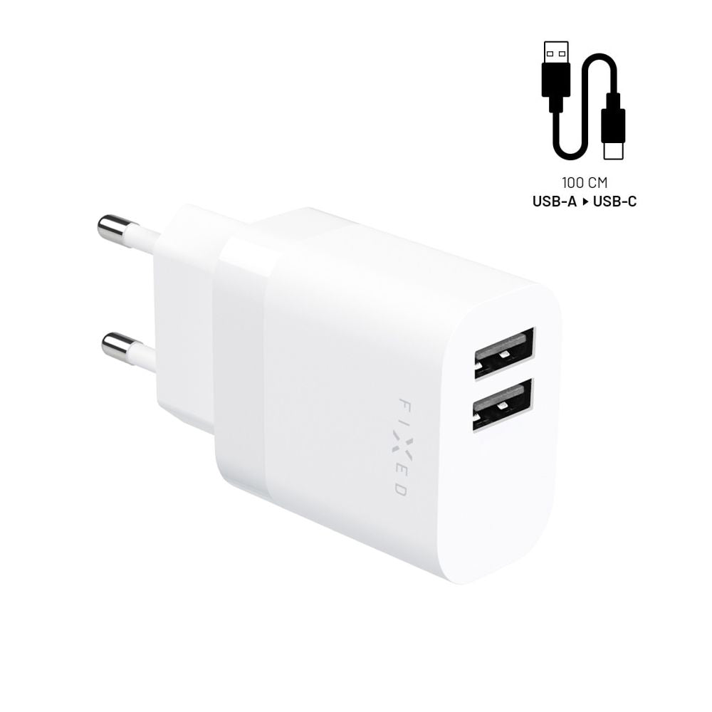 Fixed - Wall Charger (FIXC17N-2UC-WH) - 2x USB, Travel Size, 17W, with Type-C Cable, 1m - White