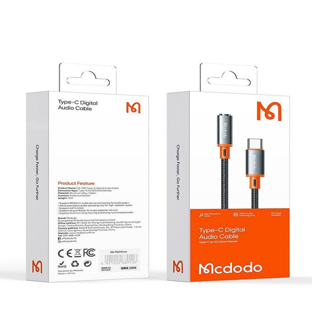 Mcdodo - Audio Adapter (CA-7561) - Type-C Male to Jack 3.5mm Female, Nylon Braided, 0.11m - Black