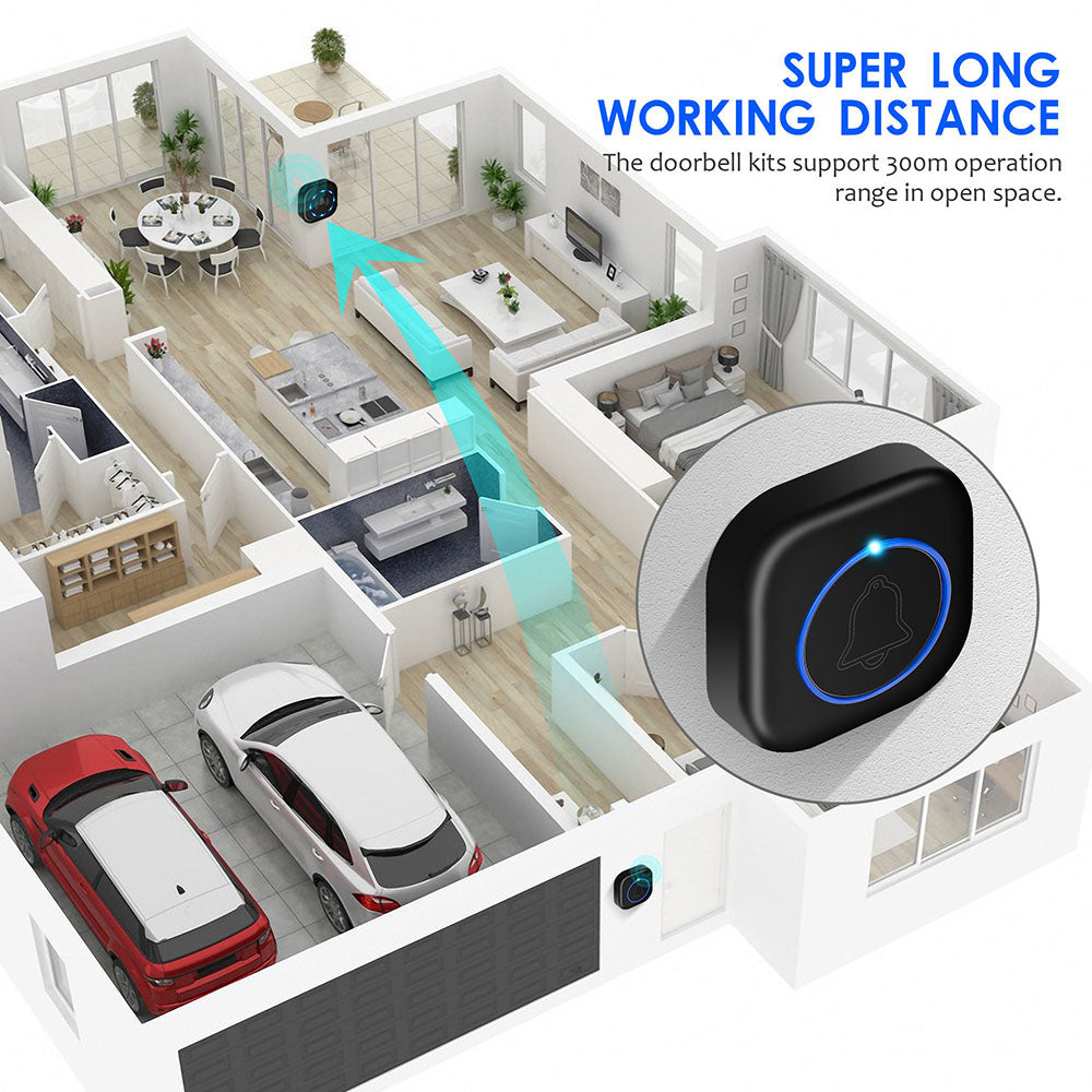 Techsuit - Premium Wireless Doorbell Buzzzly (SU1) - Waterproof, 38 Unique Tune, 4 Volume Levels, 5 Modes Music/Flash - Black