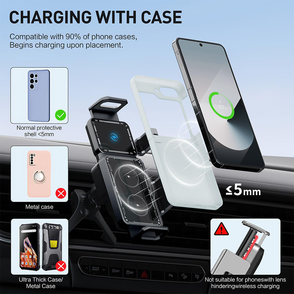 Techsuit - Premium Car Holder with Wireless Charging ModoDock (SW1) - for Air Vent, 90° Intelligent Rotation, 15W - Black