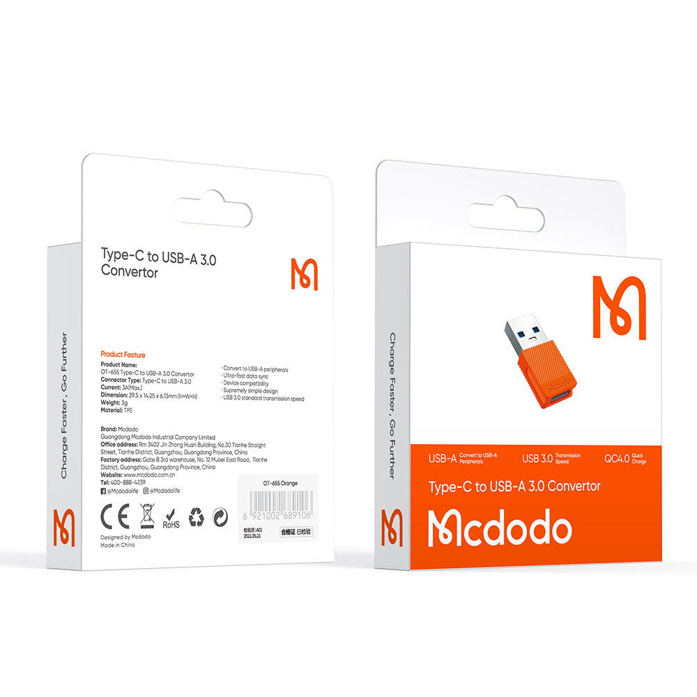 Mcdodo - OTG Adapter (OT-6550) - Type-C to USB 3.0 Convertor, Ultra-fast Data Sync, TPE - Orange