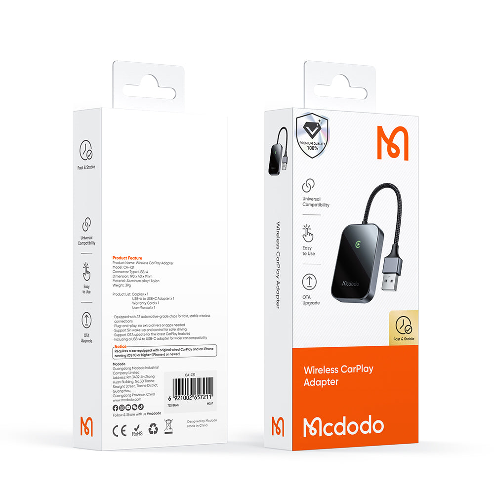 Mcdodo - CarPlay Adapter (CA-7210) - Wireless, USB, 1A, Bluetooth 2.1+EDR/3.0/4.X/5, A7 Chip, Support OTA, Siri - Black