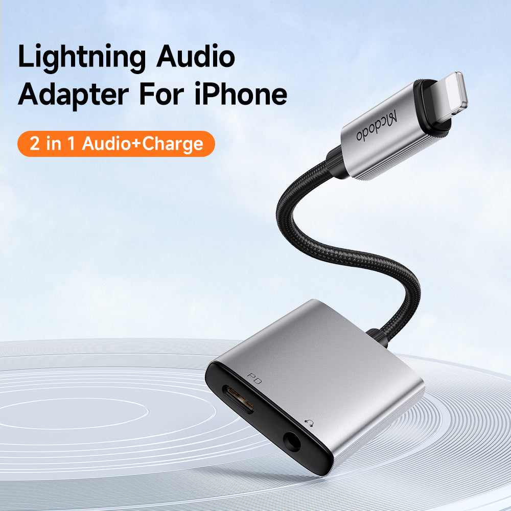 Mcdodo - Audio Adapter Wales Series (CA-5540) - Lightning to Lightning, DC 3.5mm, Aluminum Alloy, Nylon, 5V/2A, 12.5cm - Gray