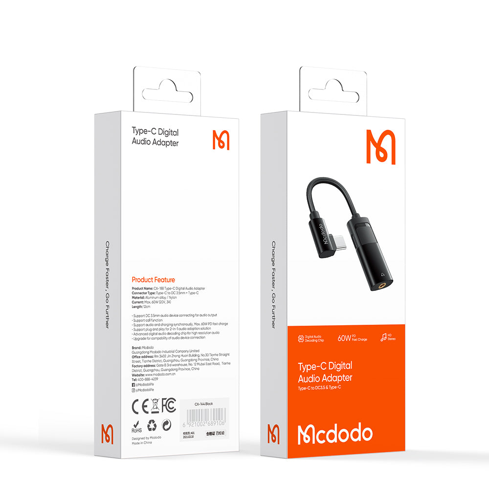 Mcdodo - Audio Adapter (CA-1880) - Type-C to Type-C, 3.5mm, PD60W Charging+ Music Play+Call Function, 0.1m - Black