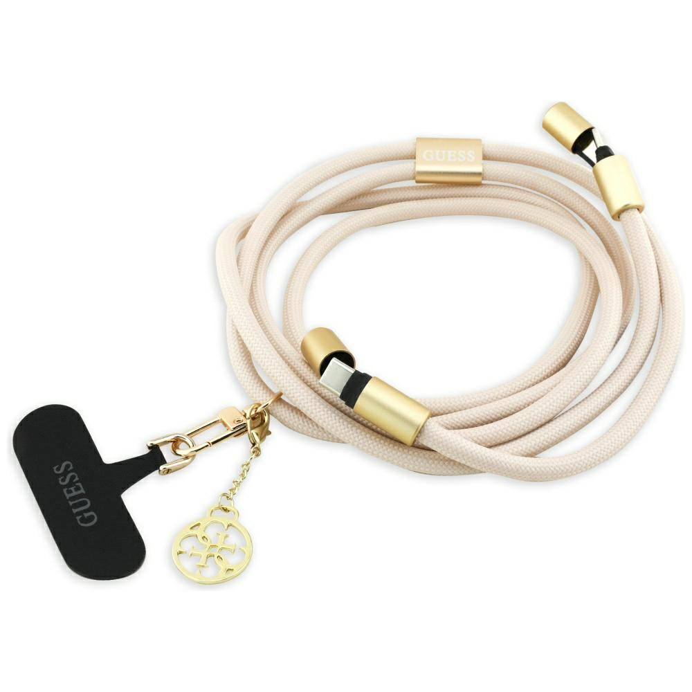Guess - Data Cable CBDY 4G Charm (GUCCUCNY4GDE) - USB-C to USB-C, Fast Charge, Adjustable Strap, Protective Cap, 1.5m - Beige