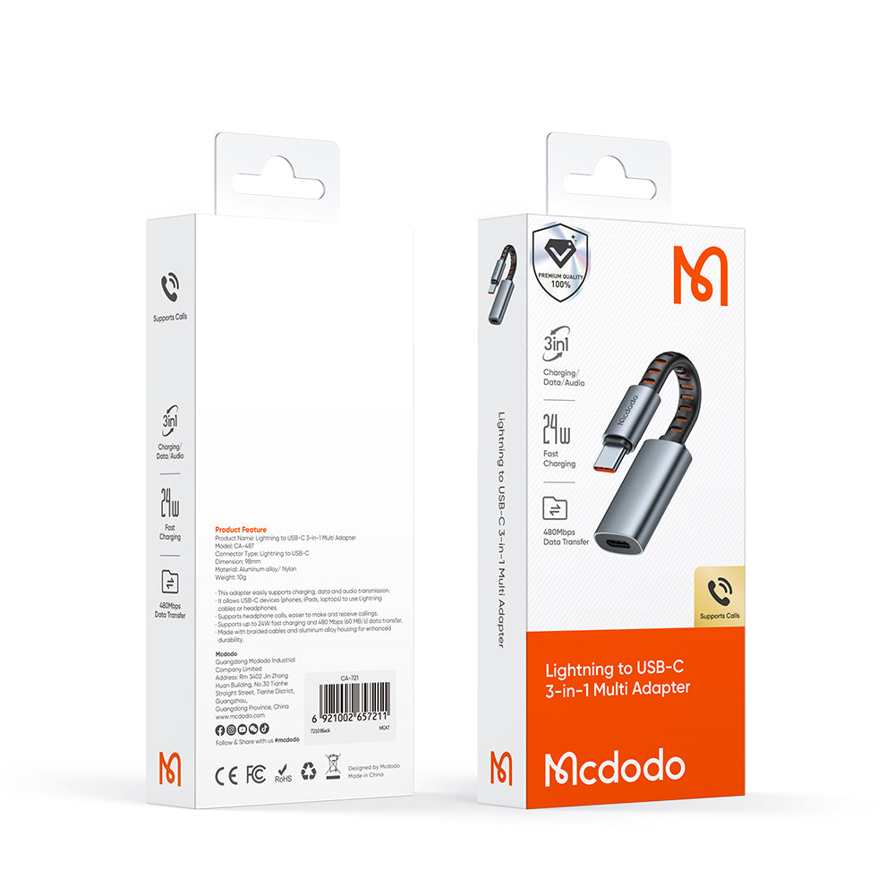 Mcdodo - Audio Adapter (CA-4870) - Lightning to Type-C, 2A, 24W, 480Mbps, OTG, Support Fast Charge, Call Function, 0.1m - Gray
