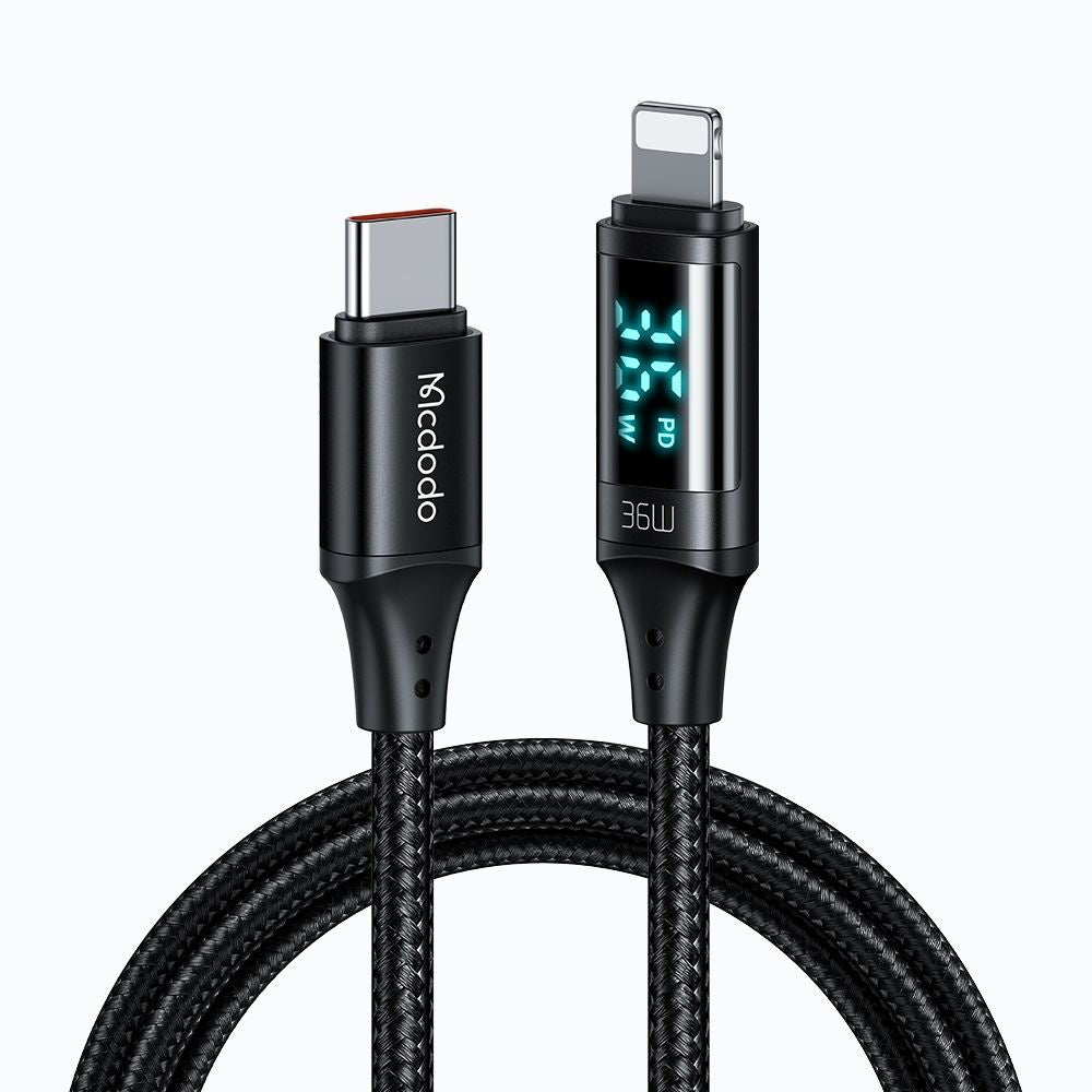 Mcdodo - Data Cable (CA-1030) - Type-C to Lightning, with Digital Displaly, Nylon Braided, Aluminum Alloy, 36W, 1.2m - Black