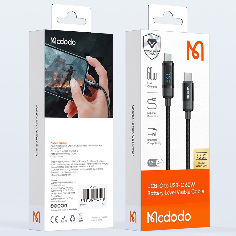 Mcdodo - Data Cable BAT Series (CA-5780) - USB-C to USB-C, 60W, Digital Display, 1.2m - Black