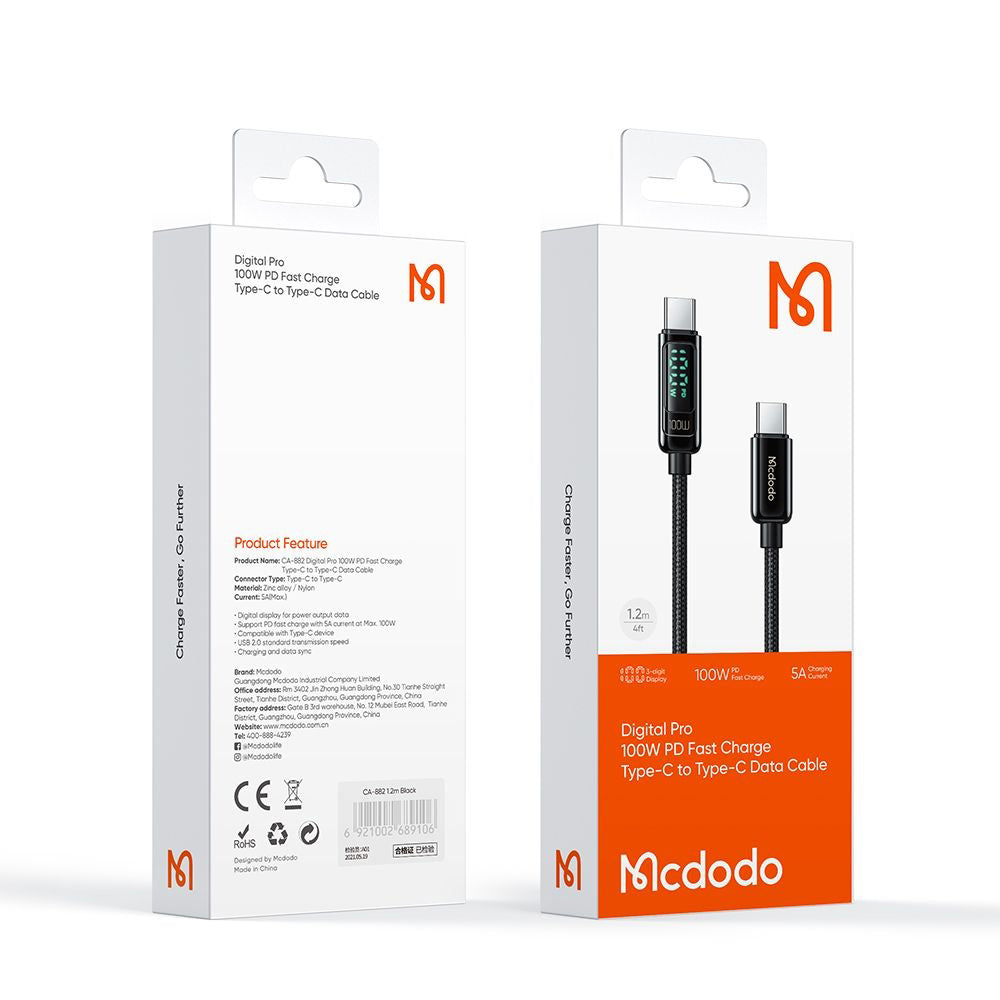 Mcdodo - Data Cable (CA-8820) - USB-C to USB-C, 100W, Digital Display, 1.2m - Black