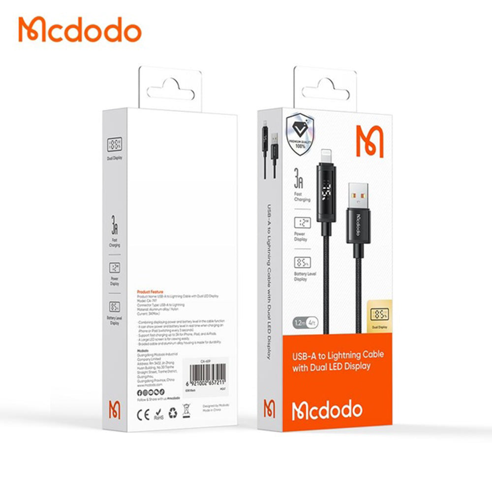Mcdodo - Data Cable (CA-7970) - USB-A to Lightning, Dual LED Display, 3A, 1.2m - Black