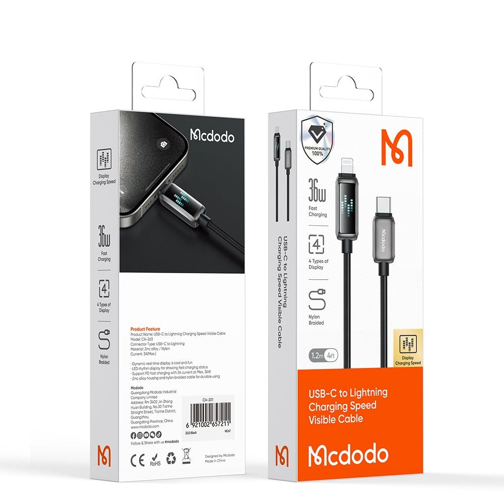 Mcdodo - Data Cable (CA-2630) - USB-C to Lightning, 36W, LED Display, PD Fast Charging, 1.2m - Black