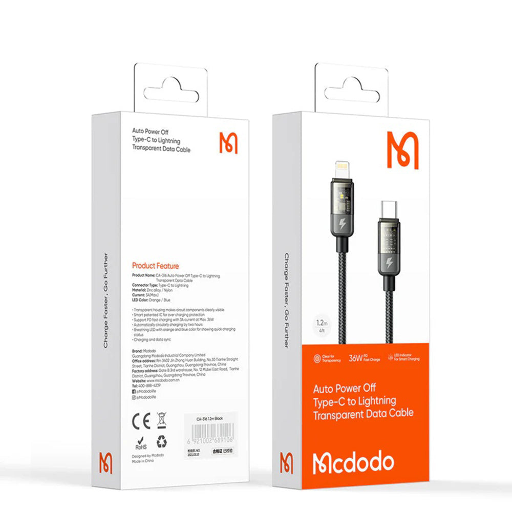 Mcdodo - Data Cable (CA-3160) - Type-C to Lightning, 36W, Transparent Design, Auto Power Off, 1.2m - Black