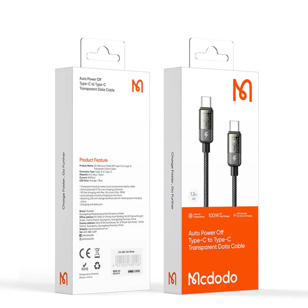 Mcdodo - Data Cable (CA-2840) - Type-C to Type-C, 100W, Fast Charging, Transparent Design, Auto Power Off, 1.2m - Black
