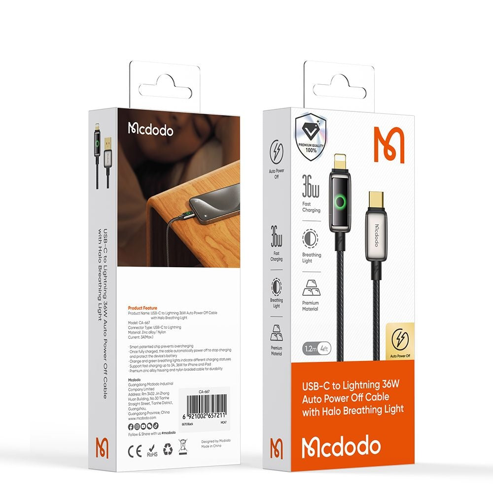 Mcdodo - Data Cable (CA-6590) - with Breathing Light LED Display, USB-A to Lightning, Auto Power Off, 3A, 1.2m - Black