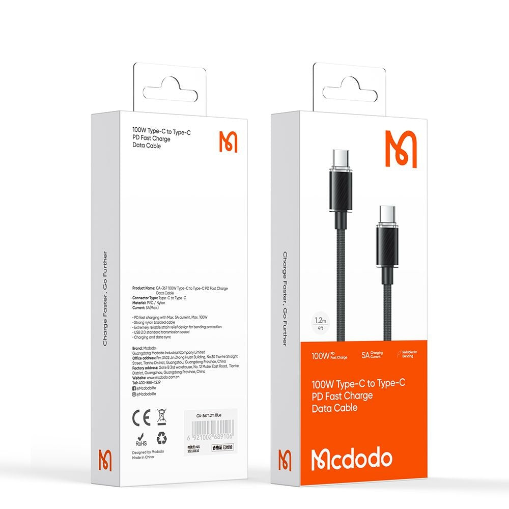 Mcdodo - Data Cable (CA-3670) - Type-C to Type-C, Transparent Design, 100W, 5A, 1.2m - Black