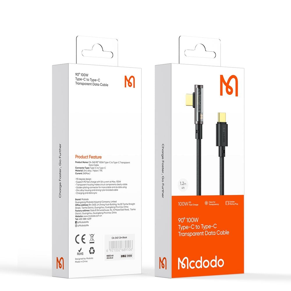 Mcdodo - Data Cable (CA-3400) - USB-C to USB-C, 90 Degree Design, 100W, Transparent Design, 5A, 1.2m - Black