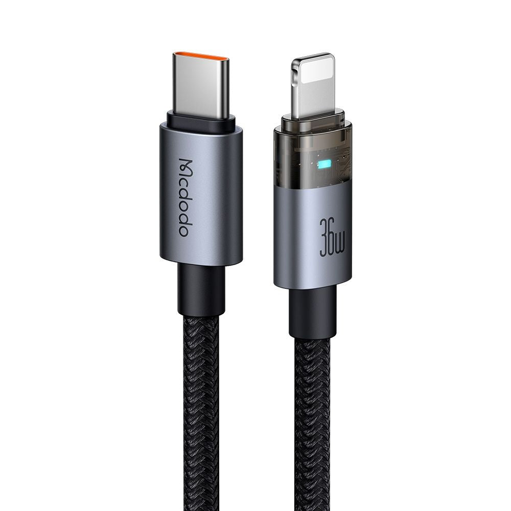 Mcdodo - Data Cable (CA-6940) - with Charging Light, USB-C to Lightning, Transparent Cable, 36W, 1.2m - Black