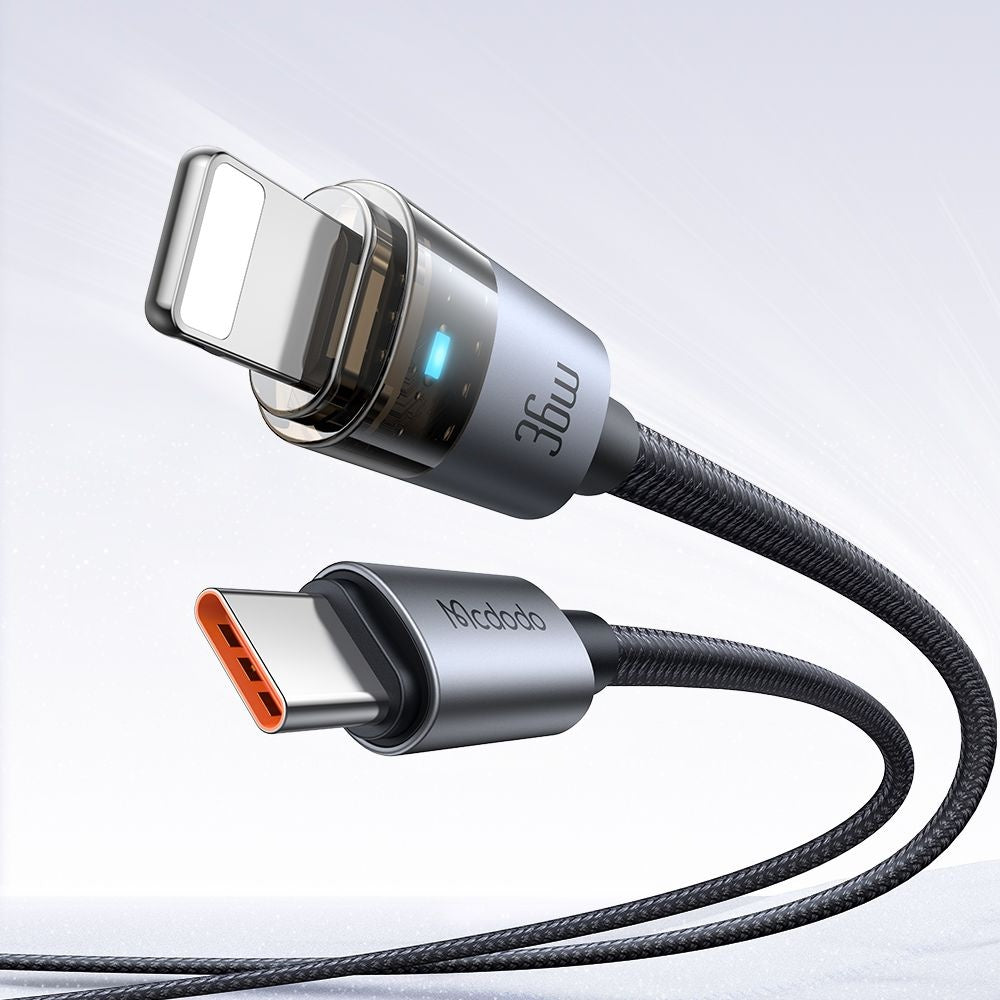 Mcdodo - Data Cable (CA-6940) - with Charging Light, USB-C to Lightning, Transparent Cable, 36W, 1.2m - Black