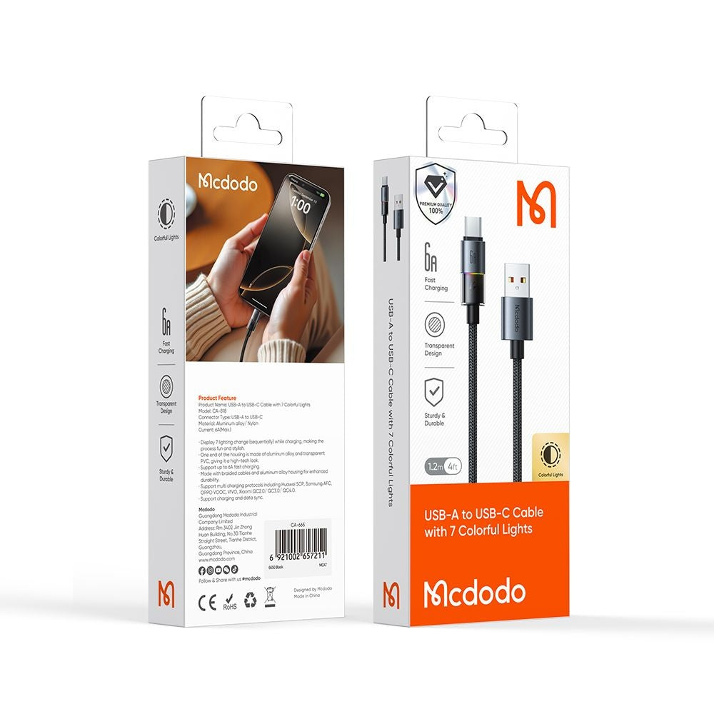 Mcdodo - Data Cable (CA-8180) - with 7 Colorful Lights, USB-A to USB-C, 6A, 1.2m - Black