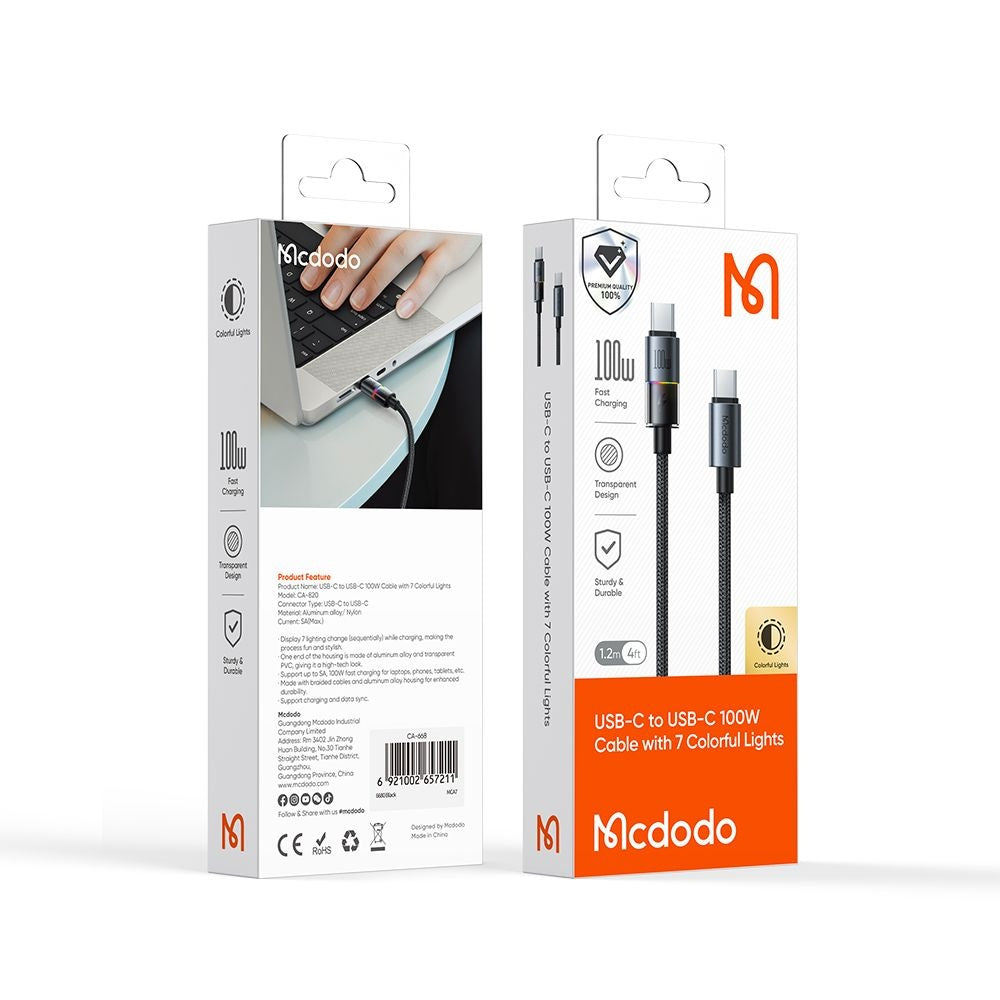 Mcdodo - Data Cable (CA-8200) - with 7 Colorful Lights, USB-C to USB-C, 100W, 5A, 1.2m - Black