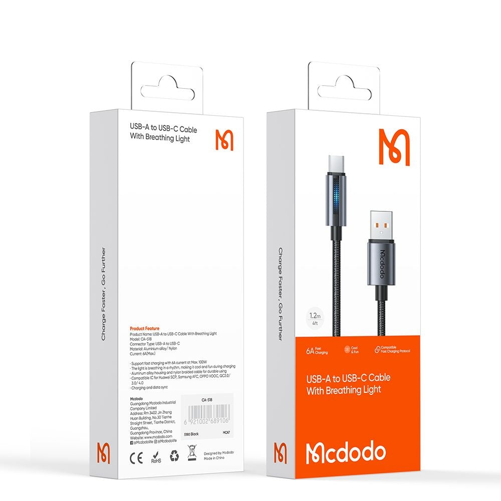 Mcdodo - Data Cable (CA-5180) - with Breathing Light, USB-A to USB-C, 100W, 6A, 1.2m - Black