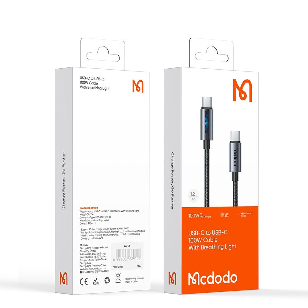 Mcdodo - Data Cable (CA-5740) - with Breathing Light, USB-C to USB-C, 100W, 5A, 1.2m - Black