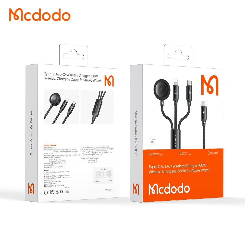Mcdodo - 3in1 Data Cable O Series (CA-4940) - USB-C to Lightning/USB-C/Wireless Charger Apple Watch, 100W, 1.2m - Black