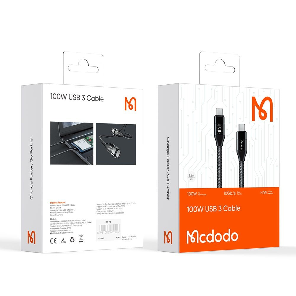 Mcdodo - Data Cable (CA-7132) - USB-C to USB-C, 100W, 10Gb/s, 4K@60Hz, 5A, 1.2m - Black