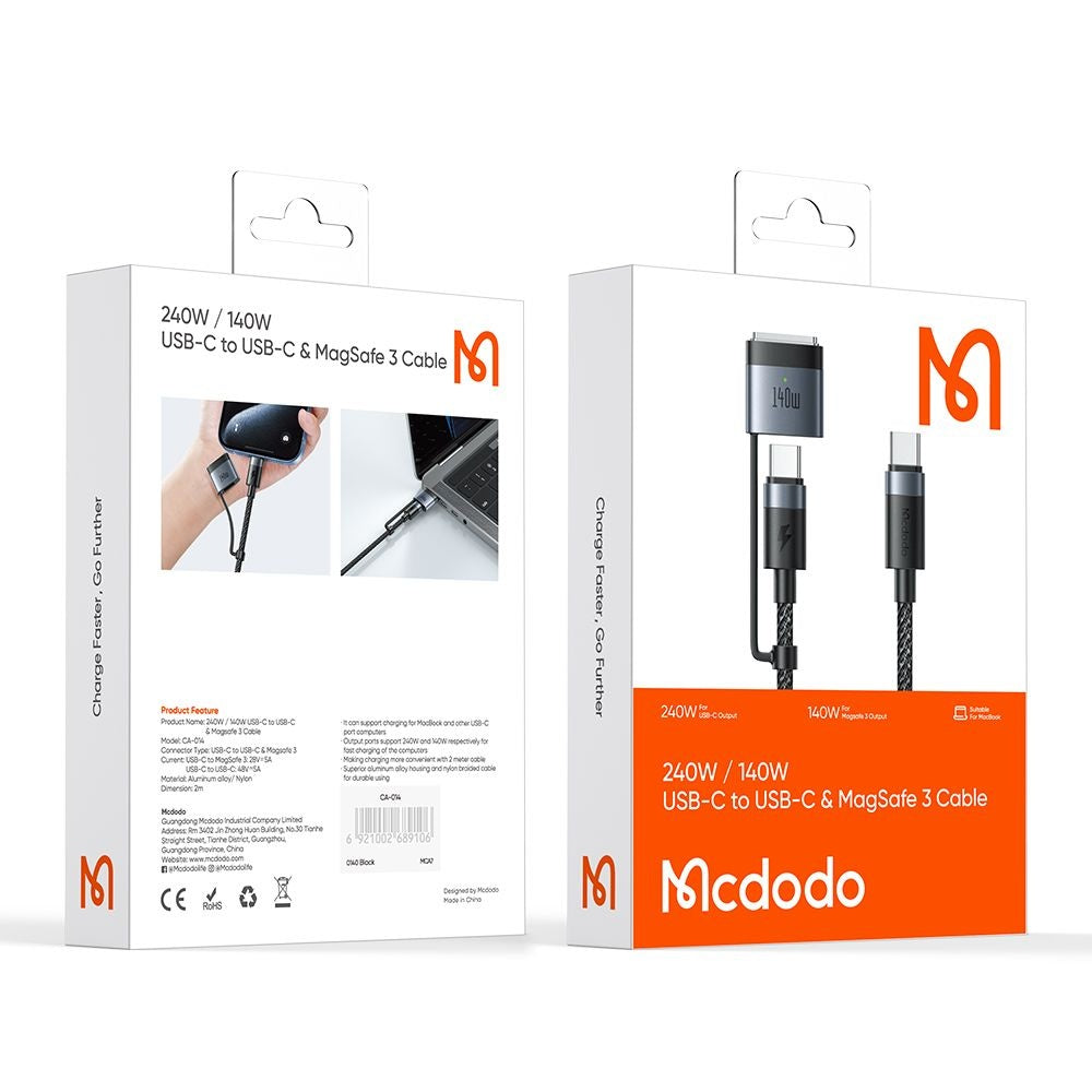 Mcdodo - 2in1 Data Cable (CA-0140) - USB-C to USB-C + MagSafe 3, 240W, LED Indicator, 2m - Black