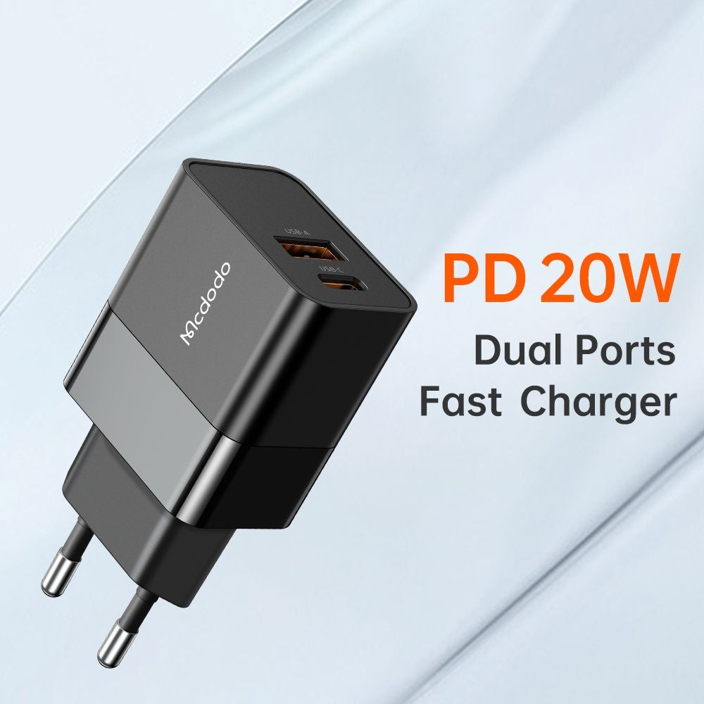 Mcdodo - Wall Charger Hydrogen Series (CH-1951) - Dual Port, 20W, Fast Charger, Fireproof PC - Black