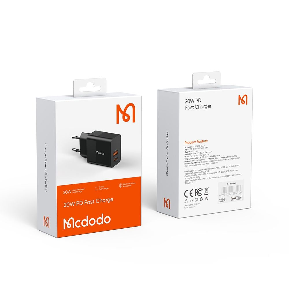 Mcdodo - Wall Charger Hydrogen Series (CH-1951) - Dual Port, 20W, Fast Charger, Fireproof PC - Black