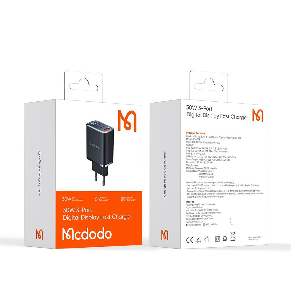 Mcdodo - Wall Charger (CH-2180) - 2x USB-C, 1x USB-A, 30W, Fast Charger, Digital Display - Black