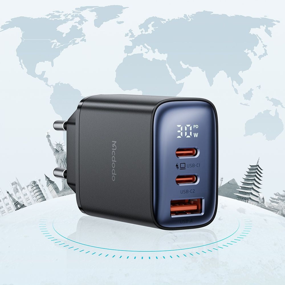 Mcdodo - Wall Charger (CH-2180) - 2x USB-C, 1x USB-A, 30W, Fast Charger, Digital Display - Black