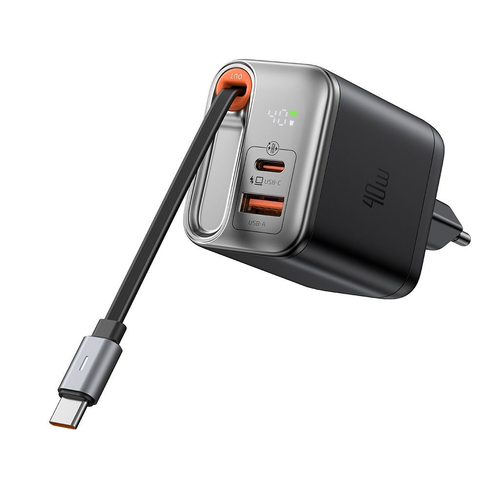 Mcdodo - Wall Charger FreeGo Series (CH-4281) - Built-in USB-C Retractable Cable, USB-A/C, 40W, Digital Display, 65cm - Black